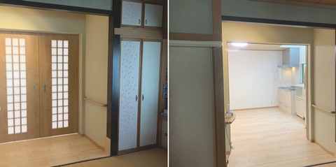 施工後　和室から直接リビングダイニングへ行けるようにしました。手摺も設置しスムーに出入りできます。